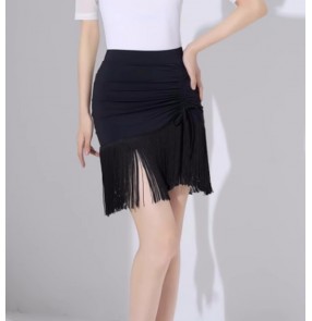 Black tassels latin dance skirts for women girls side slit salsa rumba chacha ballroom dance wear for female